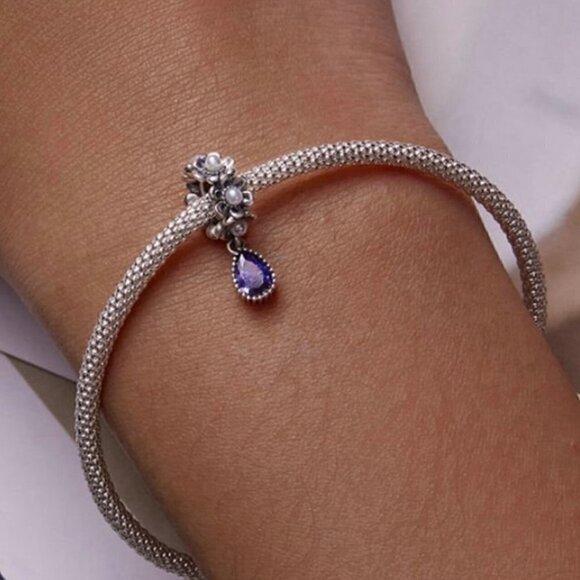 Sterling Silver Purple Crystal Teardrop and Pearls Dangle - Picture 2 of 5